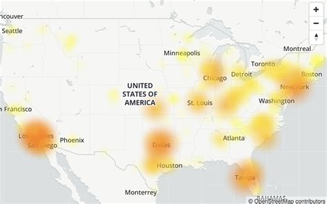 An outage is declared when the number of reports exceeds the baseline, represented by the red line. . Spectrum outages map